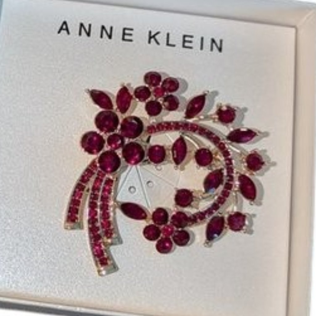 New Anne Klein Ruby Colored Metal Holly Floral Flower Bouquet Pin Brooch Jewelry